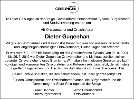 Traueranzeige von Dieter Gugenhan von Geislinger Zeitung