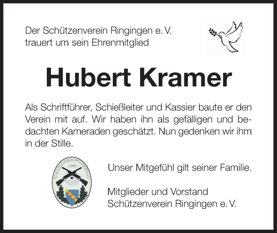 Traueranzeige von Hubert Kramer von Hohenzollerische Zeitung