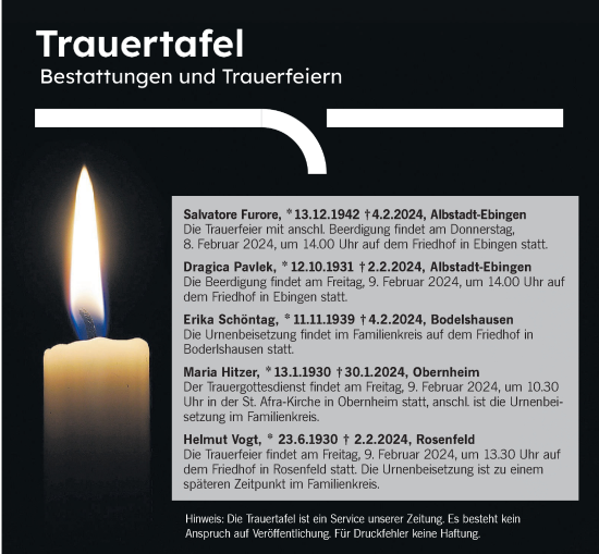 Traueranzeige von Totentafel vom 07.02.2024 von Hohenzollerische Zeitung