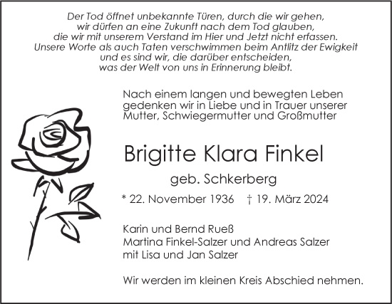 Traueranzeige von Brigitte Klara Finkel von SÜDWEST PRESSE Ausgabe Ulm/Neu-Ulm