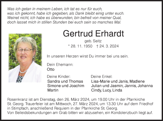 Traueranzeige von Gertrud Erhardt von Hohenloher Tagblatt