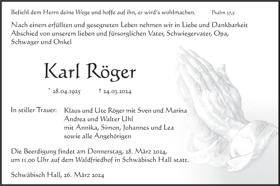 Traueranzeige von Kar Röger von Haller Tagblatt