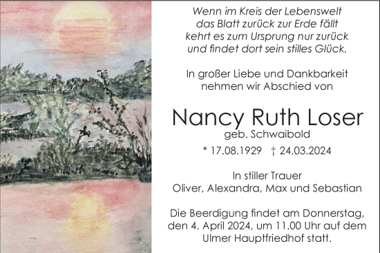 Traueranzeige von Nancy Ruth Loser von SÜDWEST PRESSE Ausgabe Ulm/Neu-Ulm
