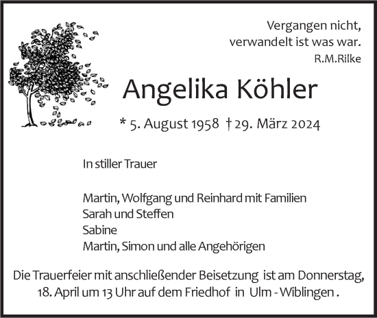 Traueranzeige von Angelika Köhler von Alb-Bote/SÜDWEST PRESSE Ausgabe Ulm/Neu-Ulm