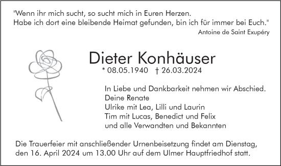 Traueranzeige von Dieter Konhäuser von SÜDWEST PRESSE Ausgabe Ulm/Neu-Ulm