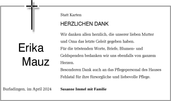 Traueranzeige von Erika Mauz von SÜDWEST PRESSE Zollernalbkreis/Hohenzollerische Zeitung