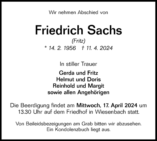Traueranzeige von Friedrich Sachs von Hohenloher Tagblatt