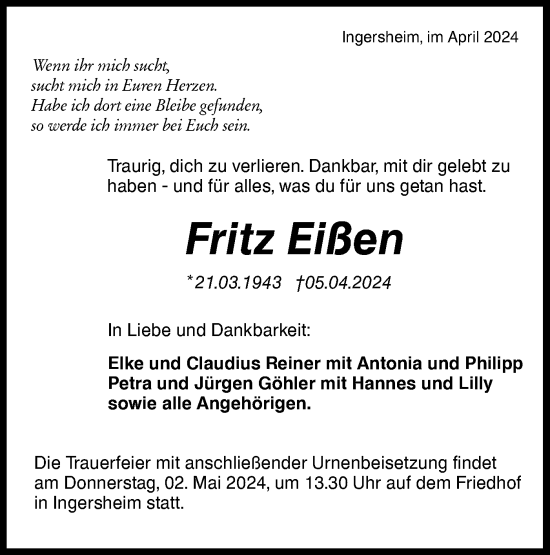 Traueranzeige von Fritz Eißen von Hohenloher Tagblatt