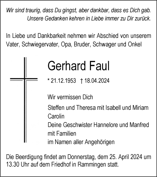 Traueranzeige von Gerhard Faul von SÜDWEST PRESSE Ausgabe Ulm/Neu-Ulm