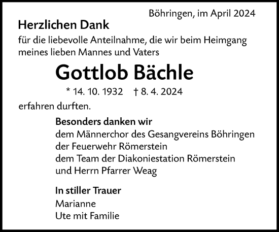 Traueranzeige von Gottlob Bächle von Alb-Bote/Metzinger-Uracher Volksblatt