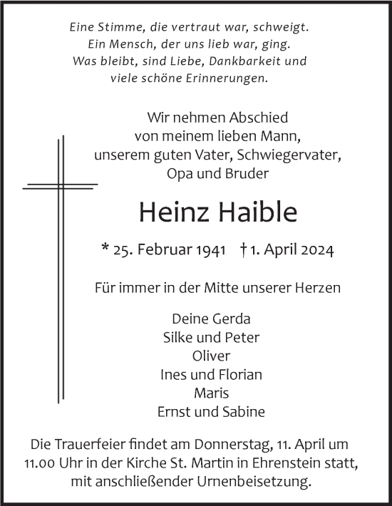 Traueranzeige von Heinz Haible von SÜDWEST PRESSE Ausgabe Ulm/Neu-Ulm