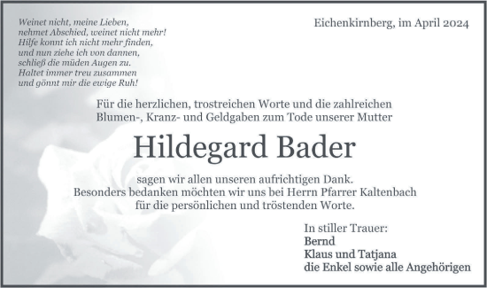Traueranzeige von Hildegard Bader von Rundschau Gaildorf