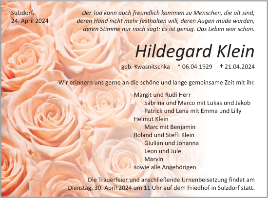 Traueranzeige von Hildegard Klein von Haller Tagblatt