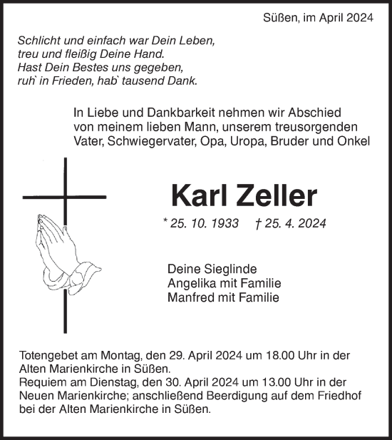 Traueranzeige von Karl Zeller von NWZ Neue Württembergische Zeitung