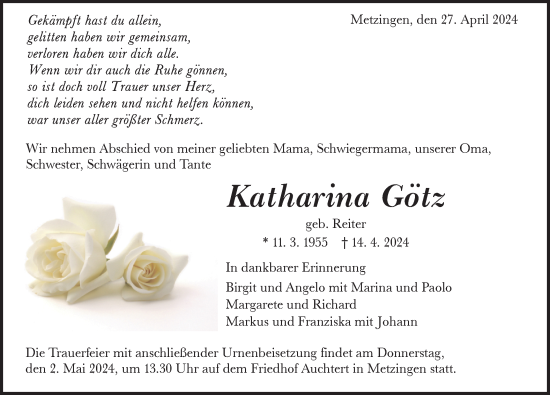 Traueranzeige von Katharina Götz von Alb-Bote/Metzinger-Uracher Volksblatt