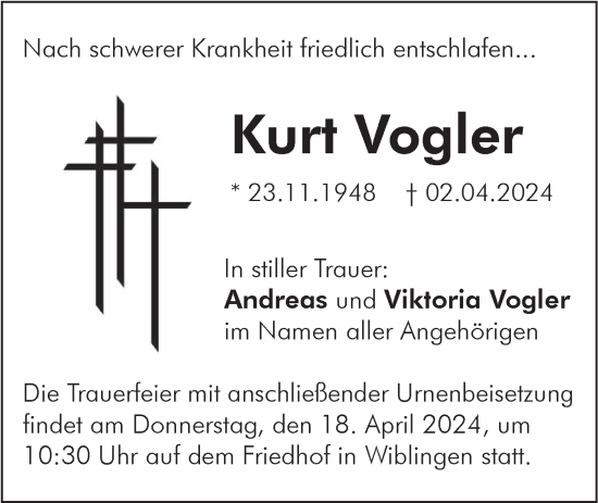 Traueranzeige von Kurt Vogler von SÜDWEST PRESSE Ausgabe Ulm/Neu-Ulm