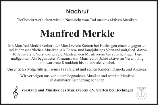 Traueranzeige von Manfred Merkle von SÜDWEST PRESSE Zollernalbkreis/Hohenzollerische Zeitung