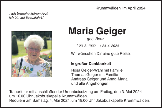Traueranzeige von Maria Geiger von NWZ Neue Württembergische Zeitung