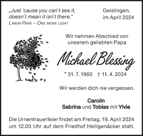 Traueranzeige von Michael Blessing von Geislinger Zeitung