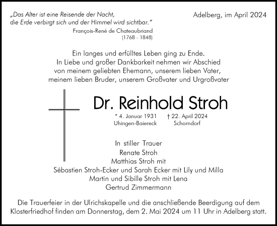 Traueranzeige von Reinhold Stroh von NWZ Neue Württembergische Zeitung