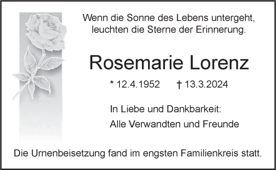 Traueranzeige von Rosemarie Lorenz von SÜDWEST PRESSE Ausgabe Ulm/Neu-Ulm