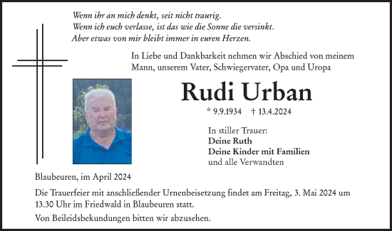 Traueranzeige von Rudi Urban von Das Blaumännle