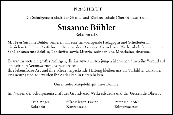 Traueranzeige von Susanne Bühler von Rundschau Gaildorf/Haller Tagblatt