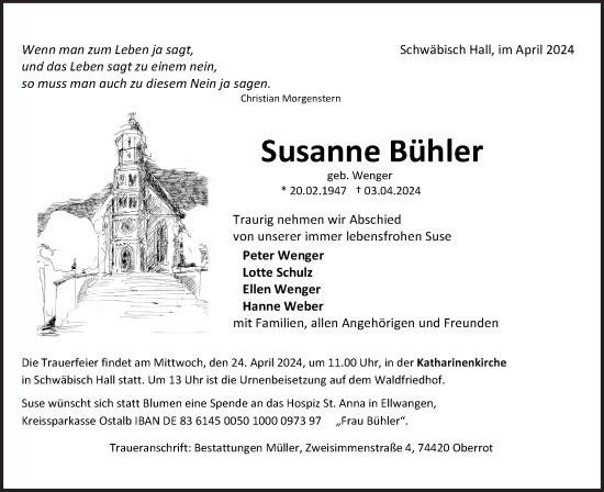 Traueranzeige von Susanne Bühler von Rundschau Gaildorf/Haller Tagblatt