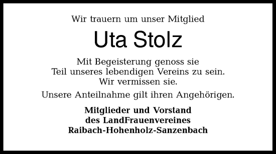 Traueranzeige von Uta Stolz von Haller Tagblatt