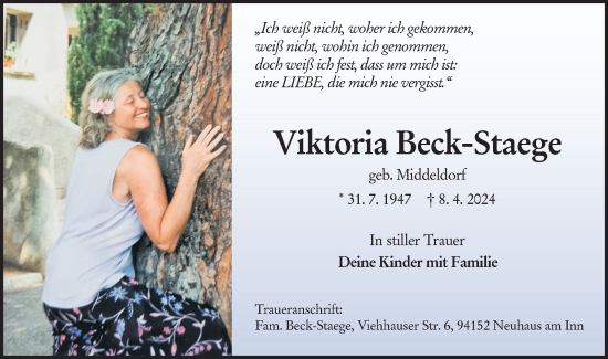 Traueranzeige von Viktoria Beck-Staege von Haller Tagblatt