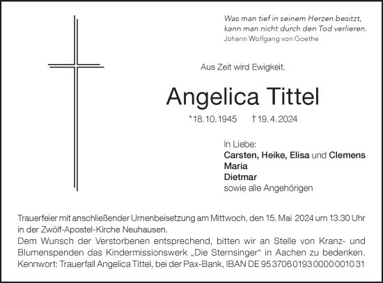 Traueranzeige von Angelica Tittel von Alb-Bote/Metzinger-Uracher Volksblatt