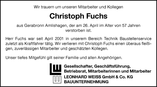 Traueranzeige von Christoph Fuchs von Hohenloher Tagblatt