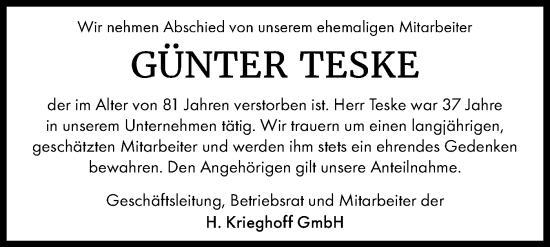Traueranzeige von Günter Teske von SÜDWEST PRESSE Ausgabe Ulm/Neu-Ulm