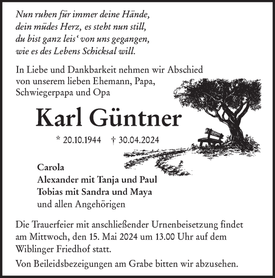 Traueranzeige von Karl Güntner von SÜDWEST PRESSE Ausgabe Ulm/Neu-Ulm