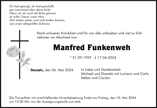 Traueranzeige von Manfred Funkenweh von SÜDWEST PRESSE Zollernalbkreis/Hohenzollerische Zeitung