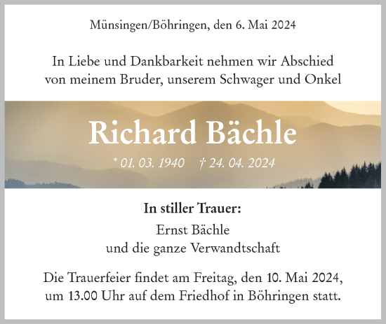 Traueranzeige von Richard Bächle von Alb-Bote/Metzinger-Uracher Volksblatt