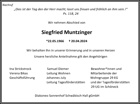 Traueranzeige von Siegfried Muntzinger von Haller Tagblatt
